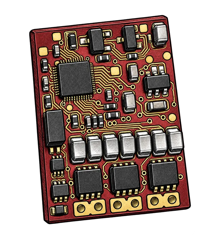 Desenho técnico do ESC Remora, placa vermelha com componentes eletrônicos