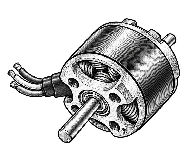 Ilustração técnica monocromática de um motor brushless completo